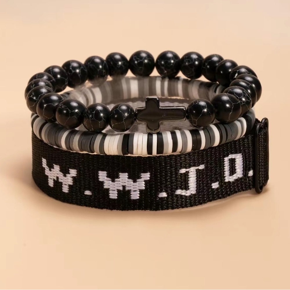 A89 3pc wwjd new bracelet set pick color beaded clay black pink blue red purple - Picture 2 of 6